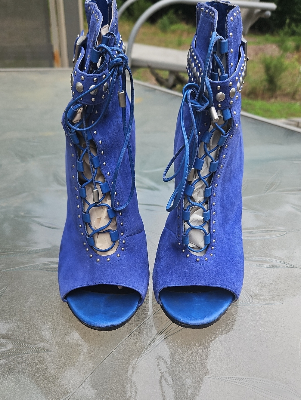 Brian Atwood Blue Suede Lace-Up Peep-Toe Heels
